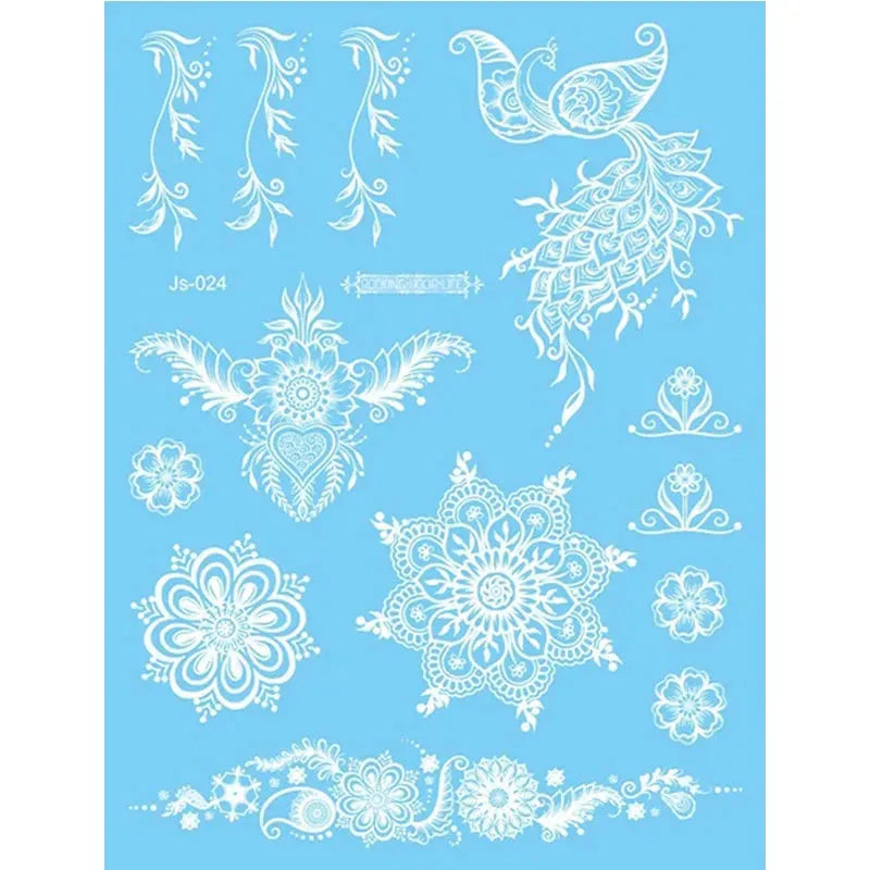 White Lace Jewelry Temporary Tattoo Sticker Waterproof Indian Henna Tattoo Body Art Tattoo Sticker Bride Wedding Lace Flower - KawaSocks