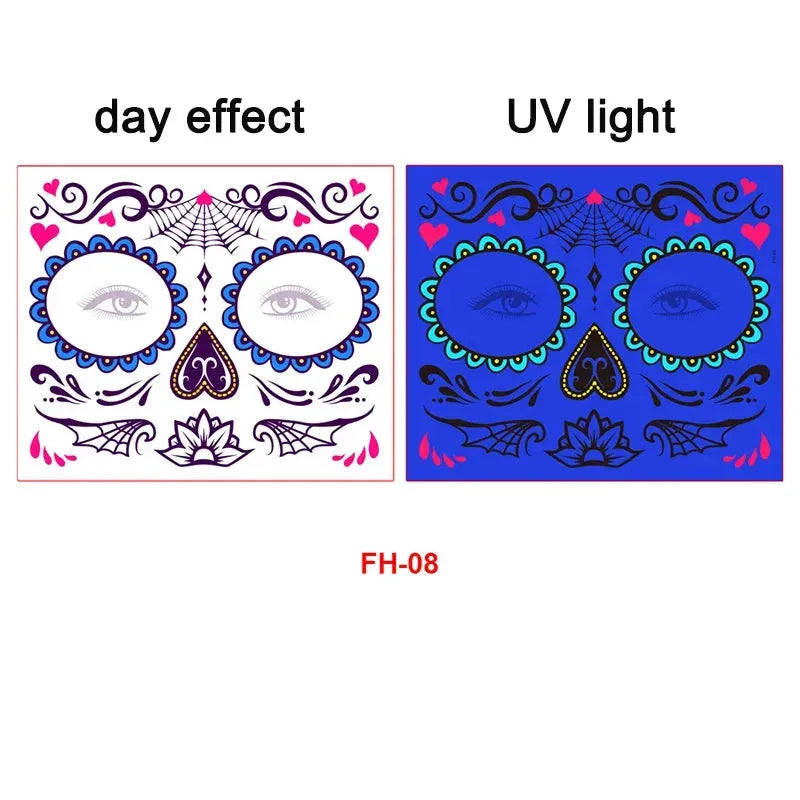 Day of the Dead Halloween Tattoo Fluorescent Waterproof Temporary Face Stickers Makeup Dress Up Decoration for Party Festival - KawaSocks