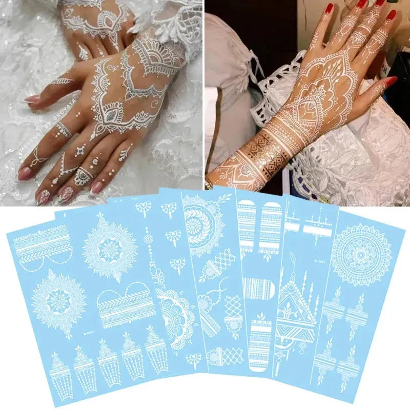 White Lace Jewelry Temporary Tattoo Sticker Waterproof Indian Henna Tattoo Body Art Tattoo Sticker Bride Wedding Lace Flower - KawaSocks