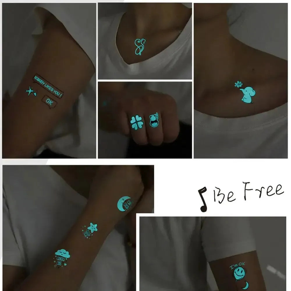 Waterproof Fluorescent Star Feather Body Art Blue Luminous Fake Tattoo Tattoo Sticker Temporary Tattoos - KawaSocks