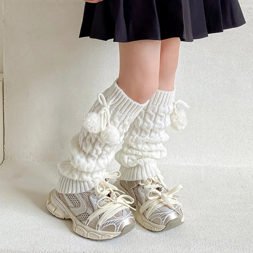 Korean Style Children's Leg Warmers Balletcore JK Knitted Leg Cover Long Stockings Foot Cover Plush Ball Leg Socks Children's - KawaSocks