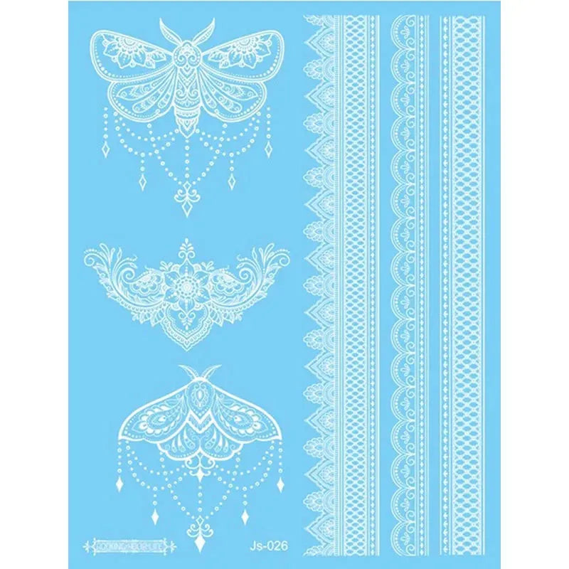 White Lace Jewelry Temporary Tattoo Sticker Waterproof Indian Henna Tattoo Body Art Tattoo Sticker Bride Wedding Lace Flower - KawaSocks