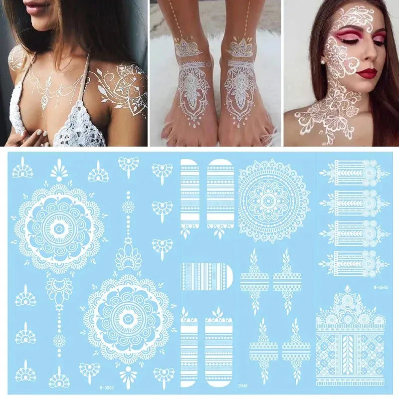 White Lace Jewelry Temporary Tattoo Sticker Waterproof Indian Henna Tattoo Body Art Tattoo Sticker Bride Wedding Lace Flower - KawaSocks