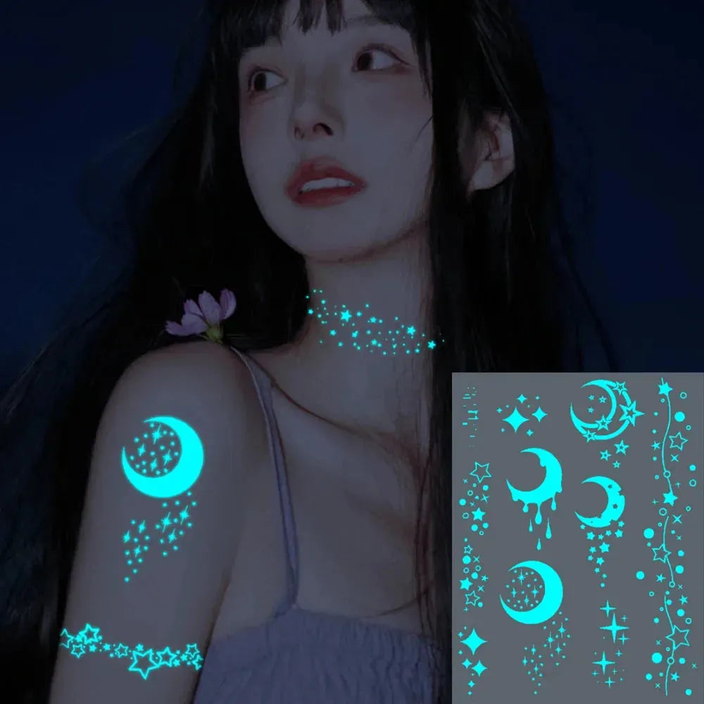 Blue Luminous Tattoo Sticker Waterproof Glow Flash Star Moon Butterfly Pattern Party Festival Disposable Tattoos Art Women Men - KawaSocks