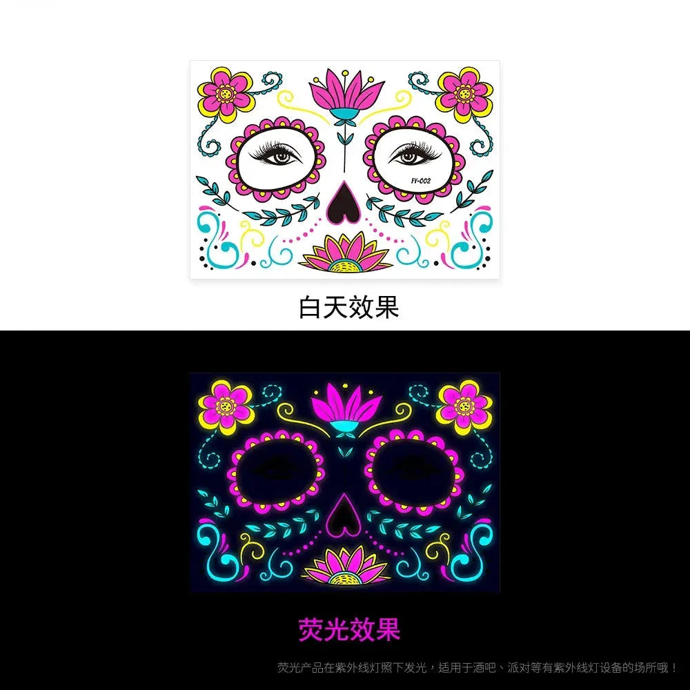 Waterproof Temporary Tattoo Sticker Halloween Fluorescent Flower Funny Face Flash Tatto Fake Tatoo for Women Men - KawaSocks