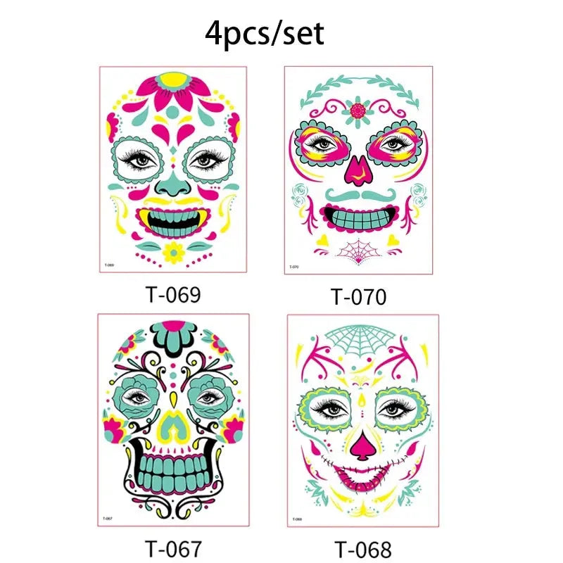 Day of the Dead Halloween Tattoo Fluorescent Waterproof Temporary Face Stickers Makeup Dress Up Decoration for Party Festival - KawaSocks