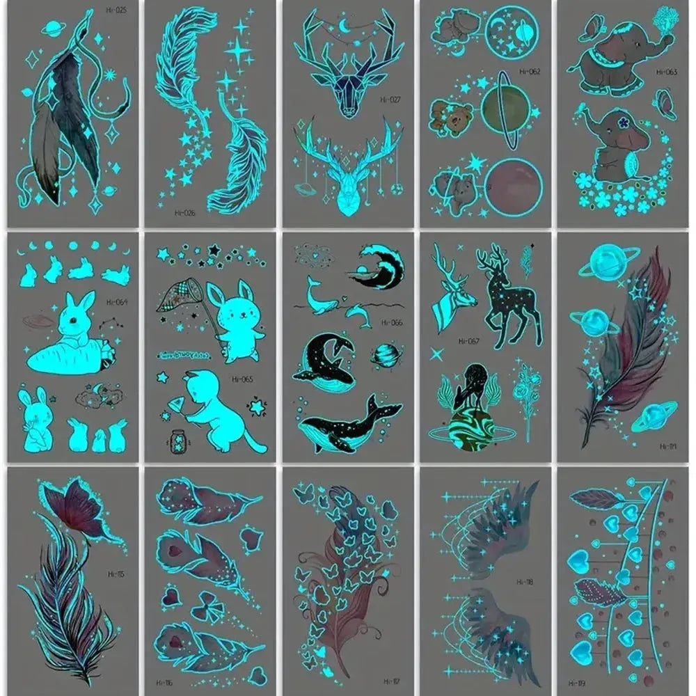 15pcs Blue Luminous Butterfly Waterproof Temporary Tattoo Sticker Wing Feather Deer Flower Ins Style Pattern Fake Tato Women Men - KawaSocks