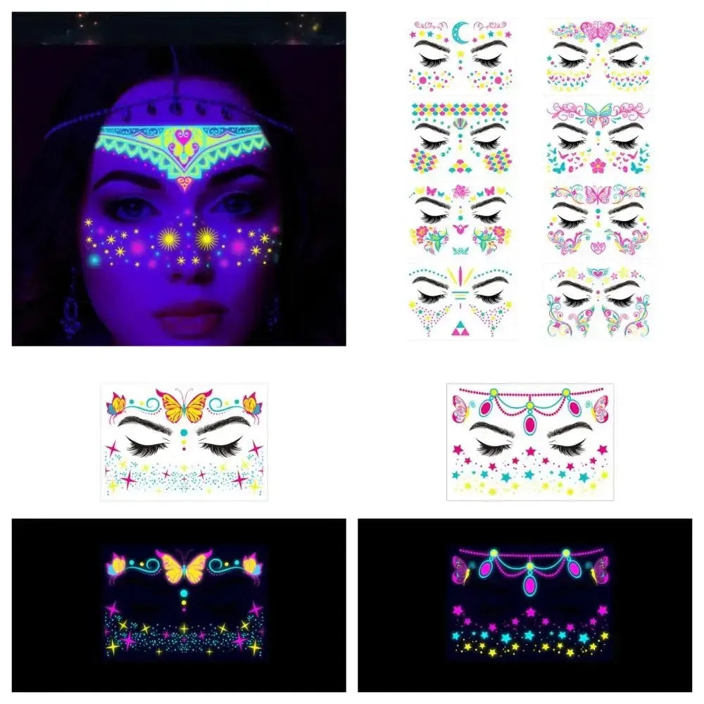 Fluorescent Face Stickers Glow in The Dark Waterproof Decorations Stickers Face Body Paint New Glowing Tattoos Music Festival - KawaSocks