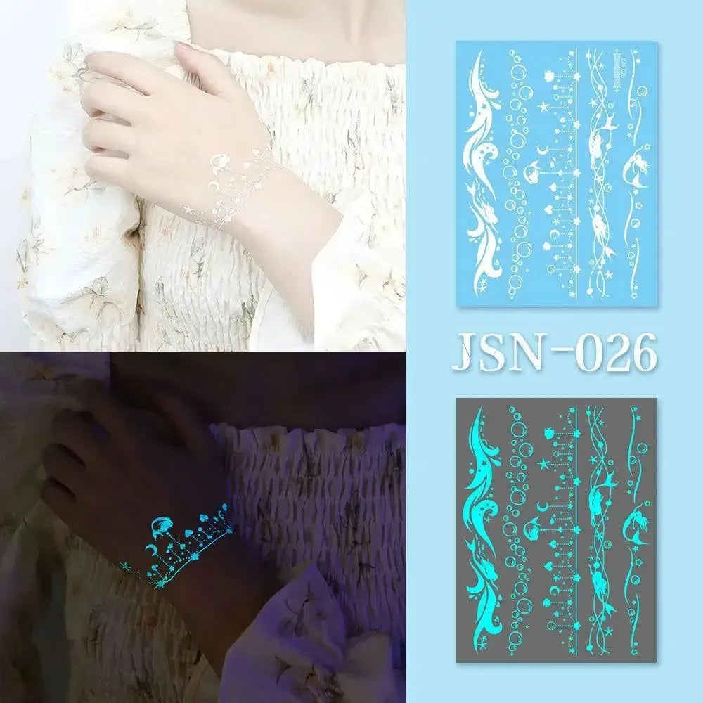 Blue Glow Henna Tattoo Sticker Lasting Waterproof Fake Lace Tattoos Sweatproof Glow in the Dark Luminous Temporary Tattoos - KawaSocks