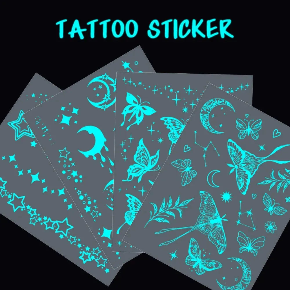 Blue Luminous Tattoo Sticker Waterproof Glow Flash Star Moon Butterfly Pattern Party Festival Disposable Tattoos Art Women Men - KawaSocks