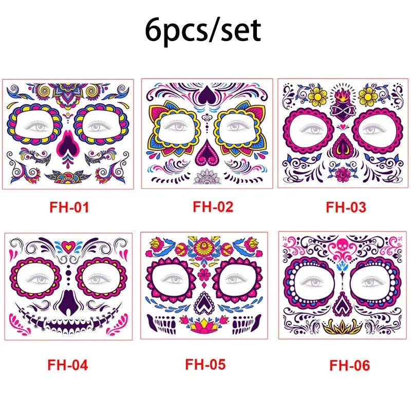 Day of the Dead Halloween Tattoo Fluorescent Waterproof Temporary Face Stickers Makeup Dress Up Decoration for Party Festival - KawaSocks