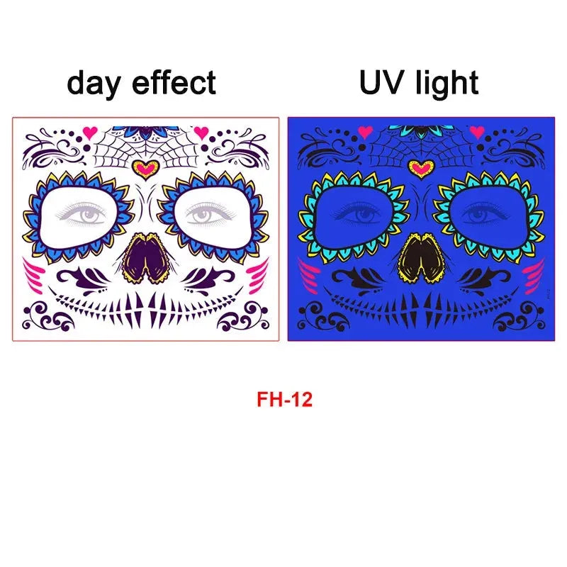 Day of the Dead Halloween Tattoo Fluorescent Waterproof Temporary Face Stickers Makeup Dress Up Decoration for Party Festival - KawaSocks