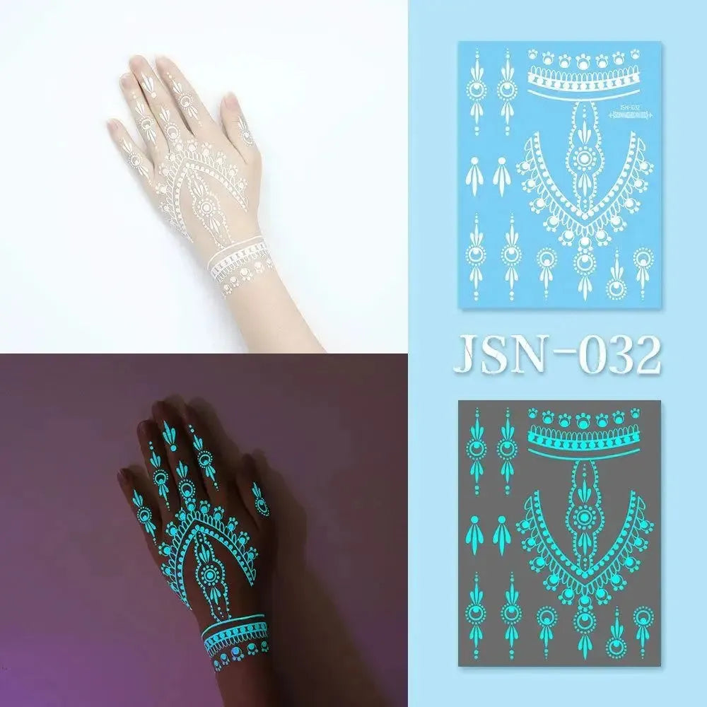 Blue Glow Henna Tattoo Sticker Lasting Waterproof Fake Lace Tattoos Sweatproof Glow in the Dark Luminous Temporary Tattoos - KawaSocks