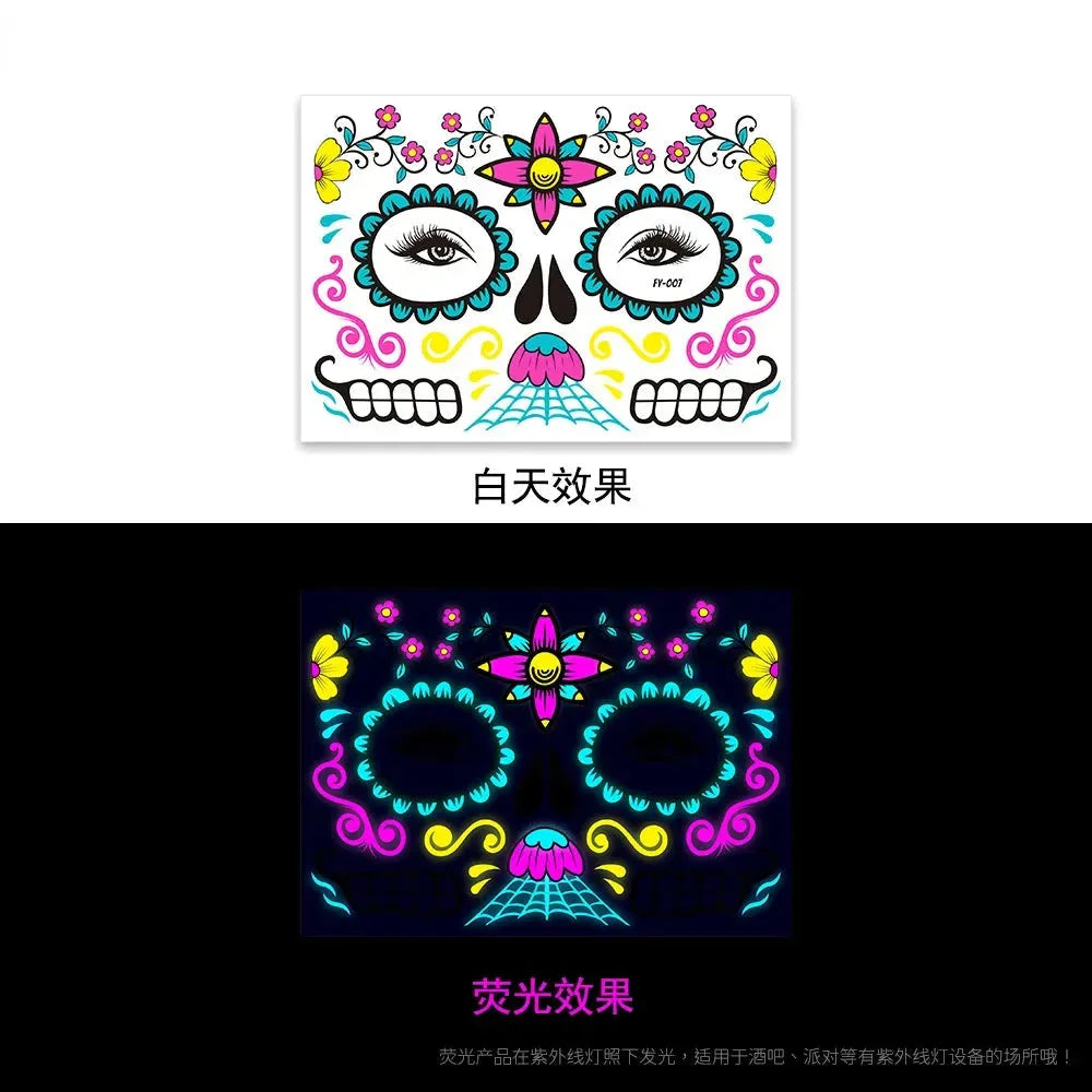 Waterproof Temporary Tattoo Sticker Halloween Fluorescent Flower Funny Face Flash Tatto Fake Tatoo for Women Men - KawaSocks