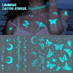 Blue Luminous Tattoo Sticker Waterproof Glow Flash Star Moon Butterfly Pattern Party Festival Disposable Tattoos Art Women Men - KawaSocks