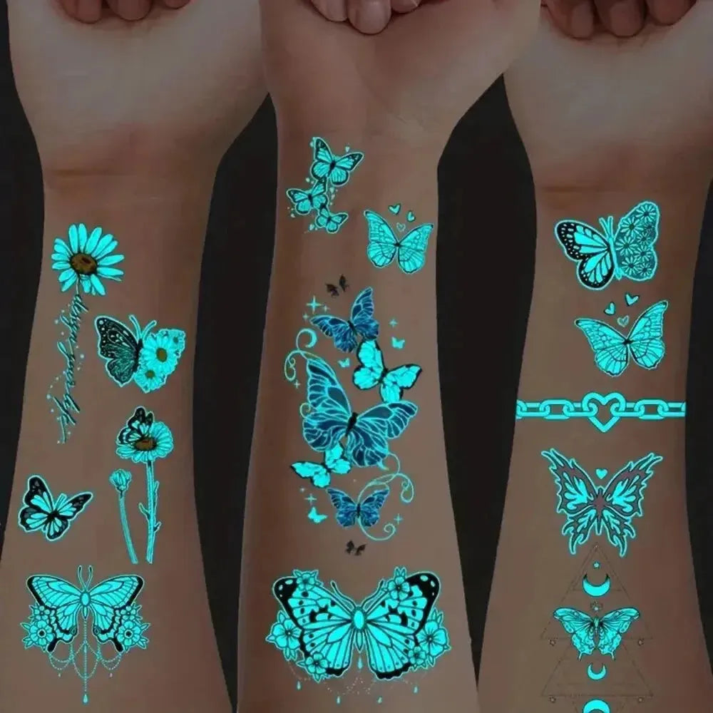 15pcs Blue Luminous Butterfly Waterproof Temporary Tattoo Sticker Wing Feather Deer Flower Ins Style Pattern Fake Tato Women Men - KawaSocks