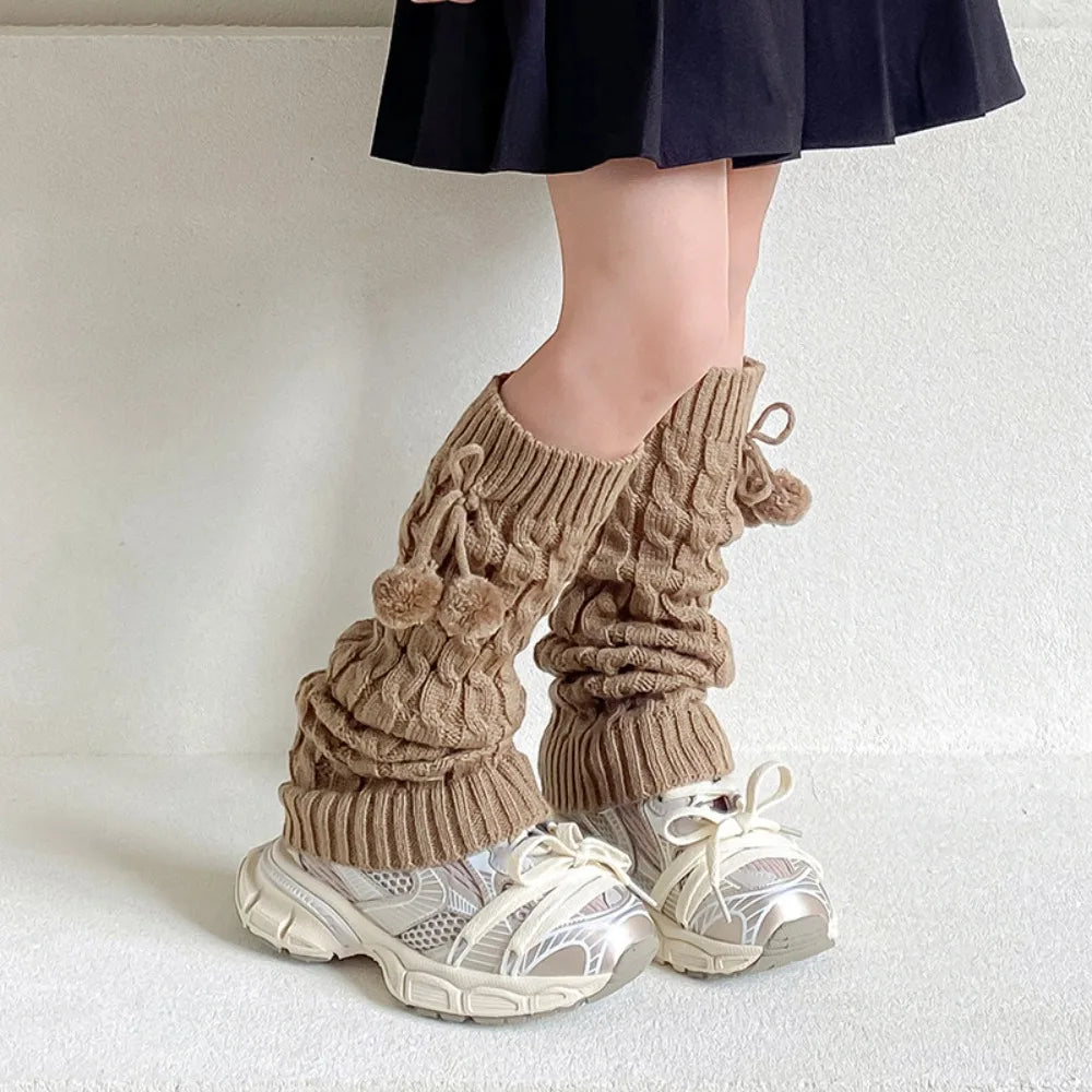 Korean Style Children's Leg Warmers Balletcore JK Knitted Leg Cover Long Stockings Foot Cover Plush Ball Leg Socks Children's - KawaSocks