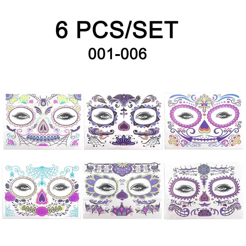 Day of the Dead Halloween Tattoo Fluorescent Waterproof Temporary Face Stickers Makeup Dress Up Decoration for Party Festival - KawaSocks