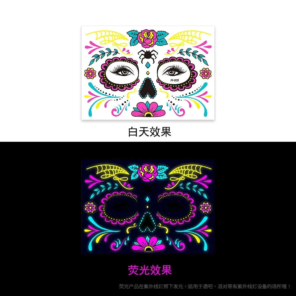 Waterproof Temporary Tattoo Sticker Halloween Fluorescent Flower Funny Face Flash Tatto Fake Tatoo for Women Men - KawaSocks