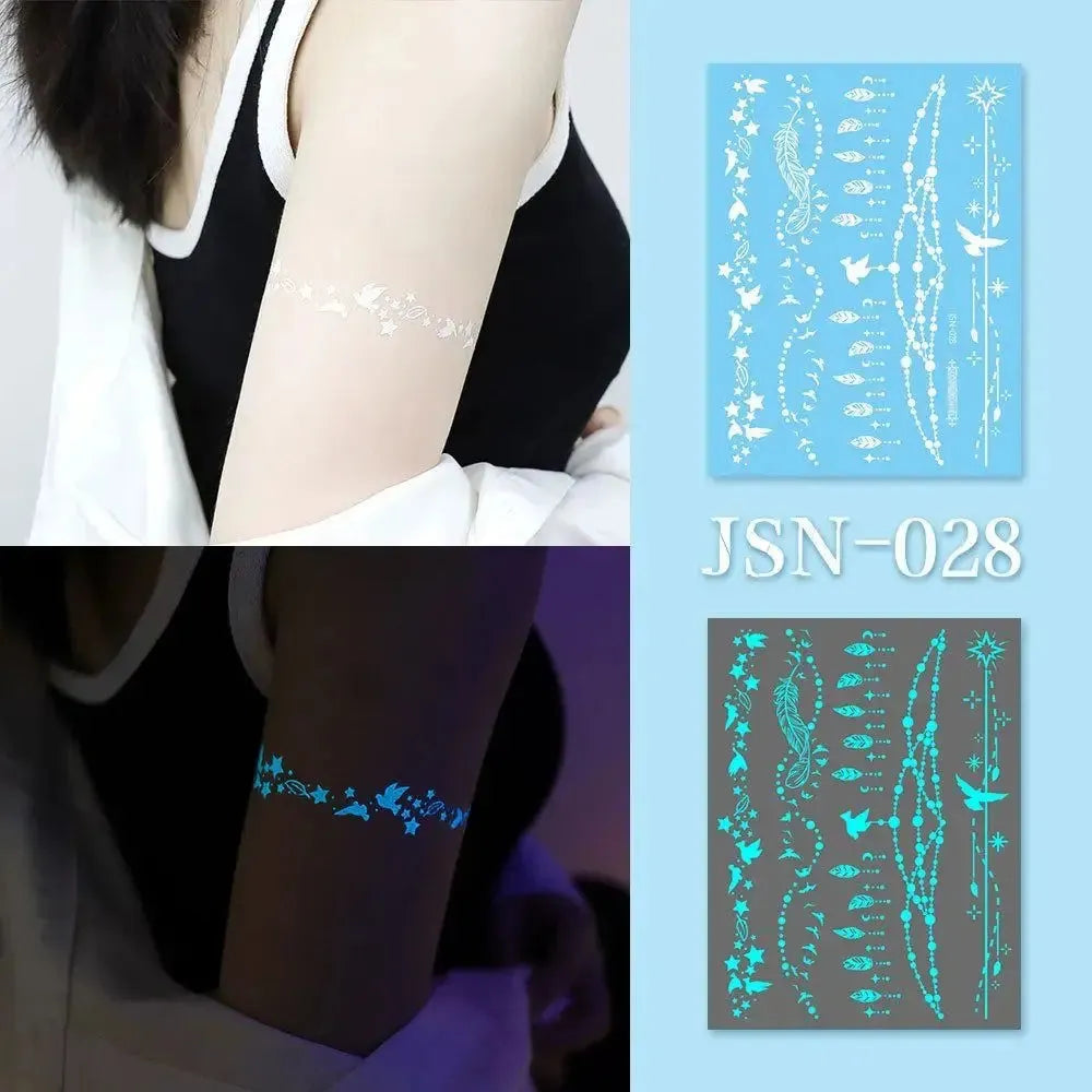 Blue Glow Henna Tattoo Sticker Lasting Waterproof Fake Lace Tattoos Sweatproof Glow in the Dark Luminous Temporary Tattoos - KawaSocks