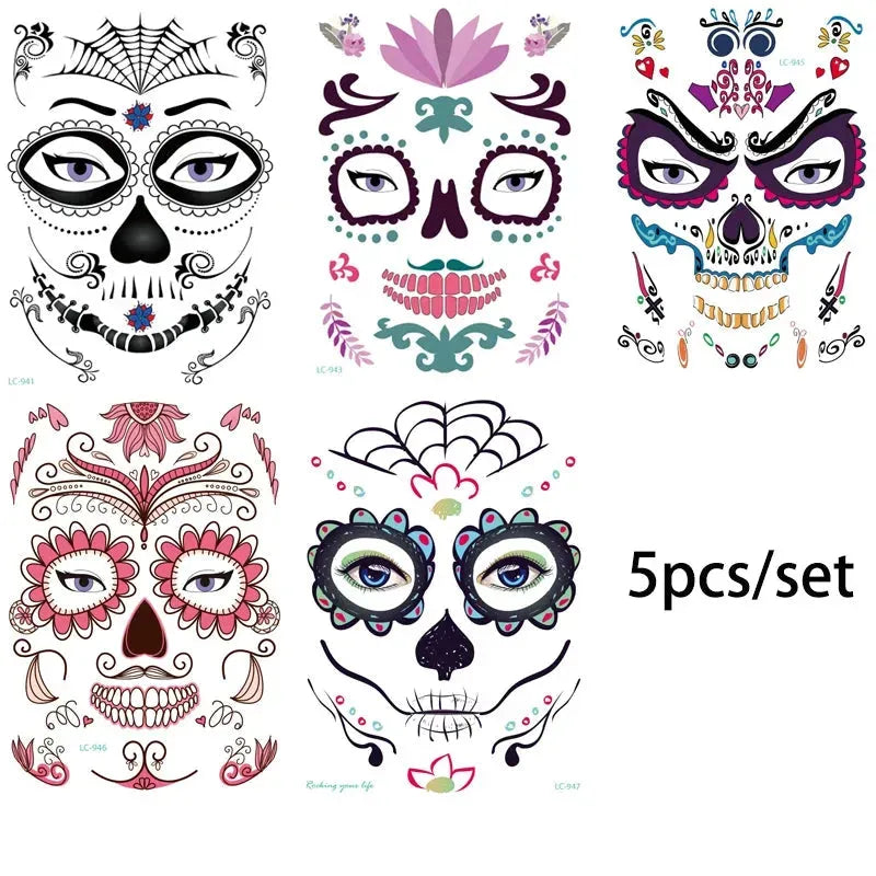 Day of the Dead Halloween Tattoo Fluorescent Waterproof Temporary Face Stickers Makeup Dress Up Decoration for Party Festival - KawaSocks