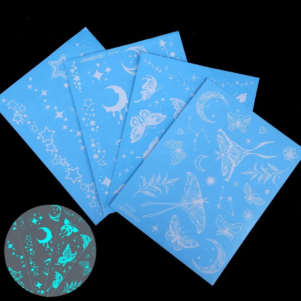 Blue Luminous Tattoo Sticker Waterproof Glow Flash Star Moon Butterfly Pattern Party Festival Disposable Tattoos Art Women Men - KawaSocks