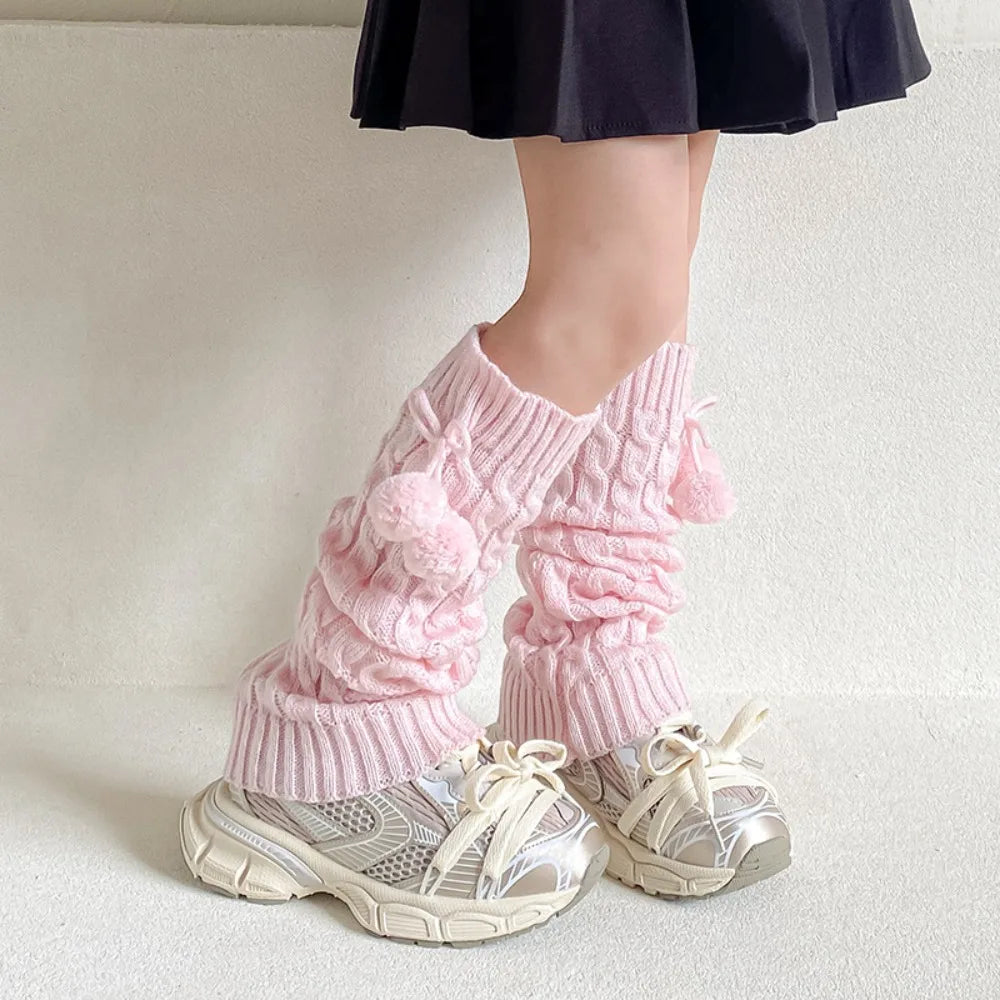 Korean Style Children's Leg Warmers Balletcore Harajuku Knitted Leg Cover Lolitas Long Stockings Plush Ball Leg Socks Girls - KawaSocks