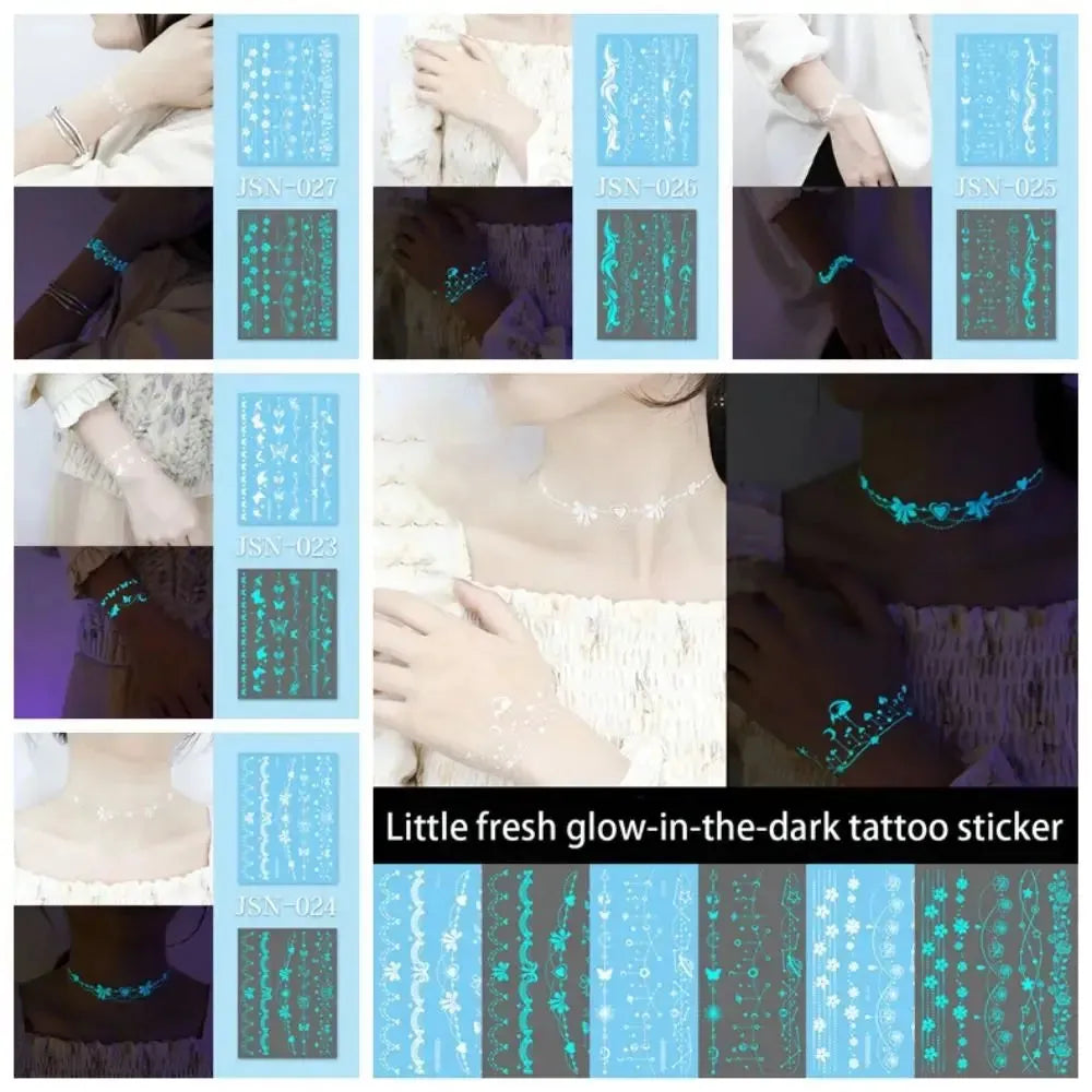 Blue Glow Henna Tattoo Sticker Lasting Waterproof Fake Lace Tattoos Sweatproof Glow in the Dark Luminous Temporary Tattoos - KawaSocks