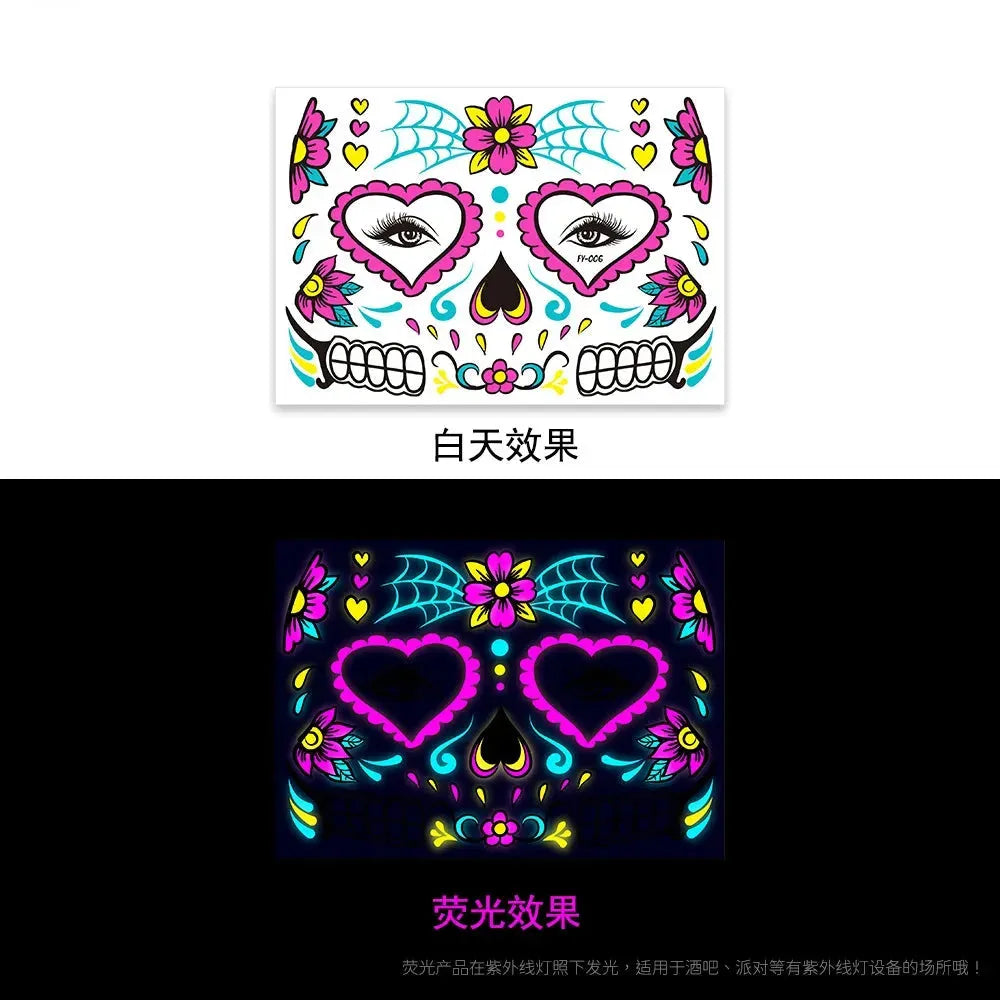 Waterproof Temporary Tattoo Sticker Halloween Fluorescent Flower Funny Face Flash Tatto Fake Tatoo for Women Men - KawaSocks