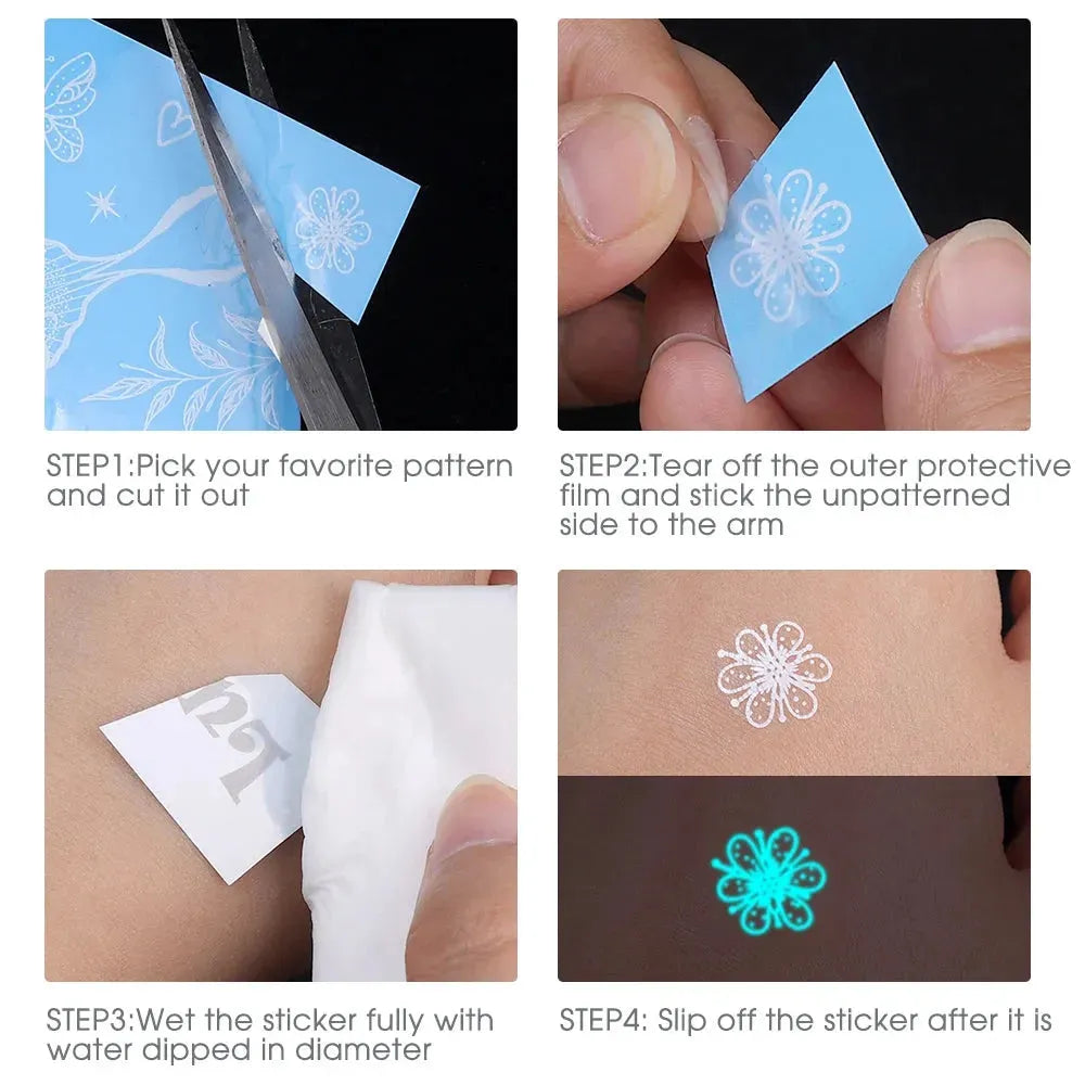 Blue Luminous Tattoo Sticker Waterproof Glow Flash Star Moon Butterfly Pattern Party Festival Disposable Tattoos Art Women Men - KawaSocks