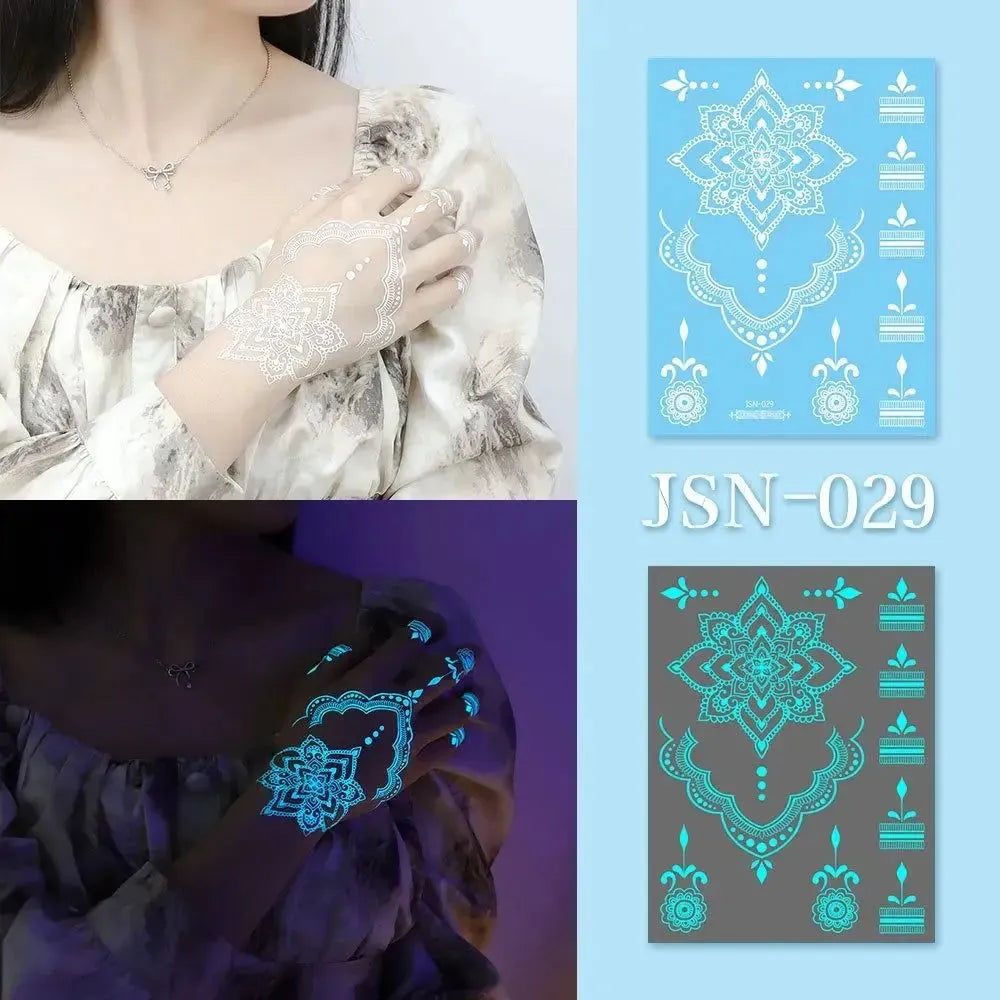 Blue Glow Henna Tattoo Sticker Lasting Waterproof Fake Lace Tattoos Sweatproof Glow in the Dark Luminous Temporary Tattoos - KawaSocks