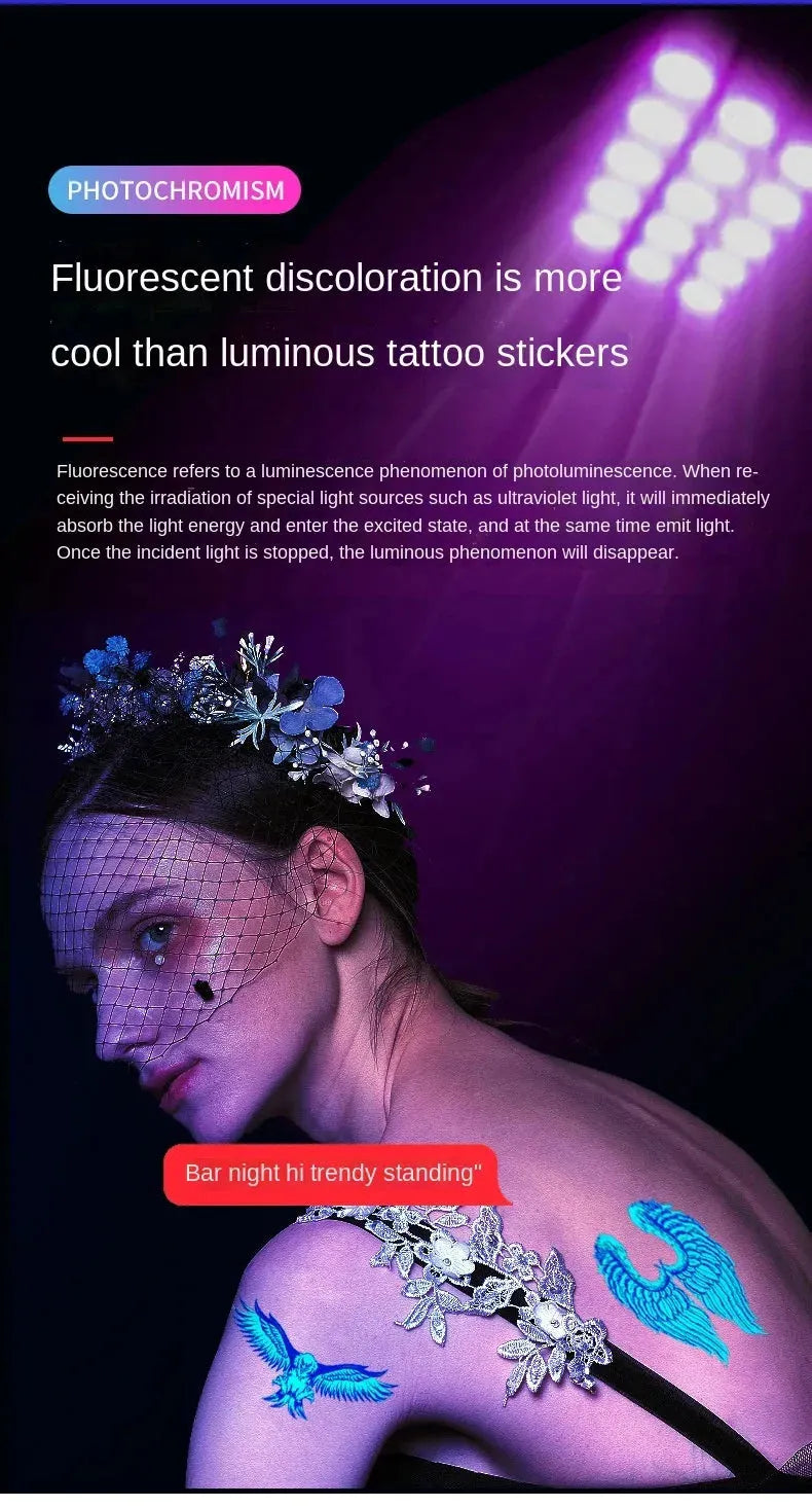 Fluorescent Color-changing Tattoo Stickers Luminous Flower Arm Waterproof Temporary Tattoo Stickers Trend Bar Animal Stickers - KawaSocks