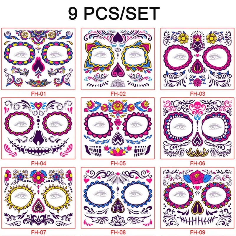 Day of the Dead Halloween Tattoo Fluorescent Waterproof Temporary Face Stickers Makeup Dress Up Decoration for Party Festival - KawaSocks