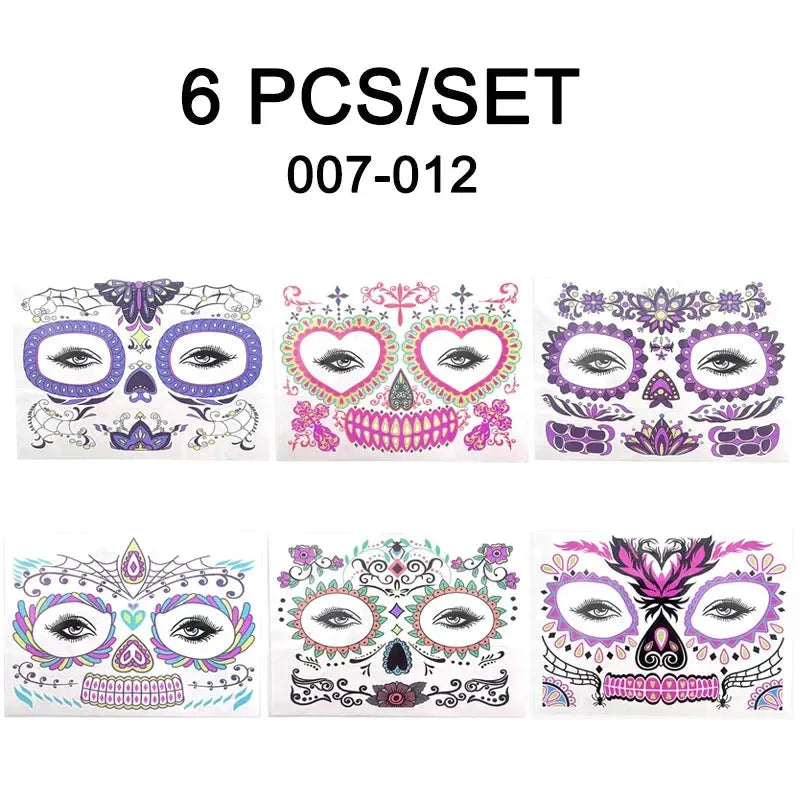 Day of the Dead Halloween Tattoo Fluorescent Waterproof Temporary Face Stickers Makeup Dress Up Decoration for Party Festival - KawaSocks