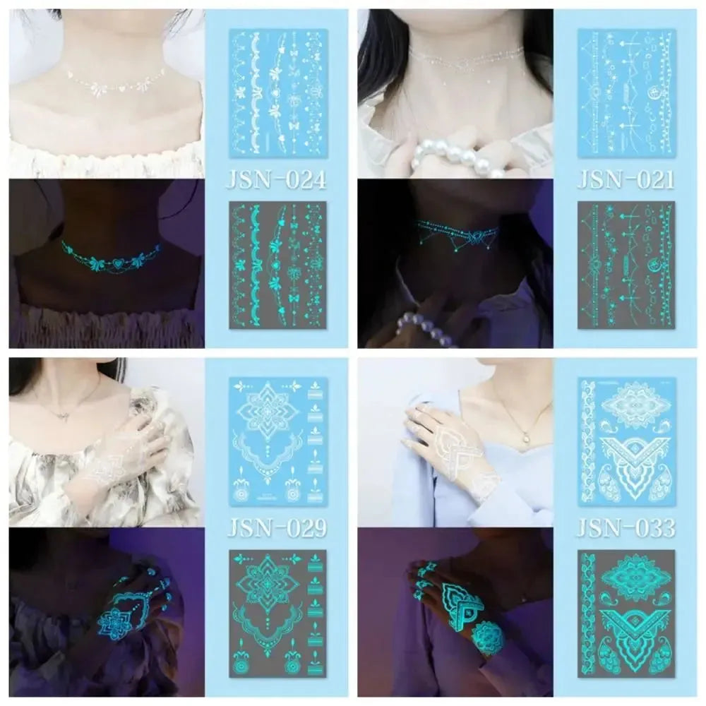 Blue Glow Henna Tattoo Sticker Lasting Waterproof Fake Lace Tattoos Sweatproof Glow in the Dark Luminous Temporary Tattoos - KawaSocks