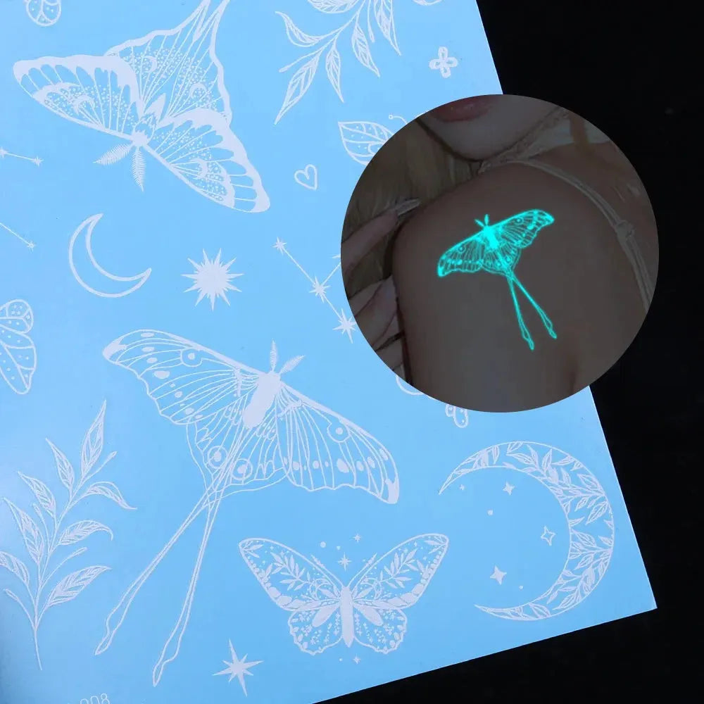 Blue Luminous Tattoo Sticker Waterproof Glow Flash Star Moon Butterfly Pattern Party Festival Disposable Tattoos Art Women Men - KawaSocks