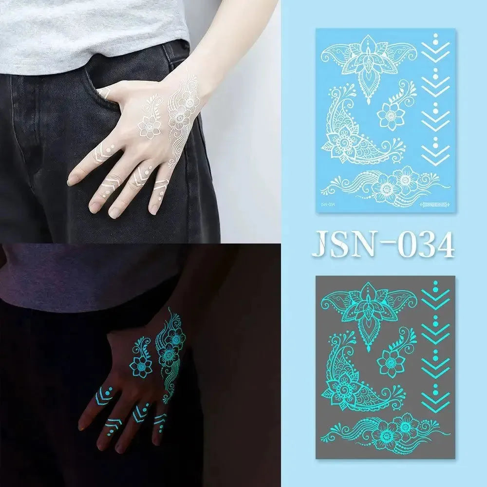 Blue Glow Henna Tattoo Sticker Lasting Waterproof Fake Lace Tattoos Sweatproof Glow in the Dark Luminous Temporary Tattoos - KawaSocks