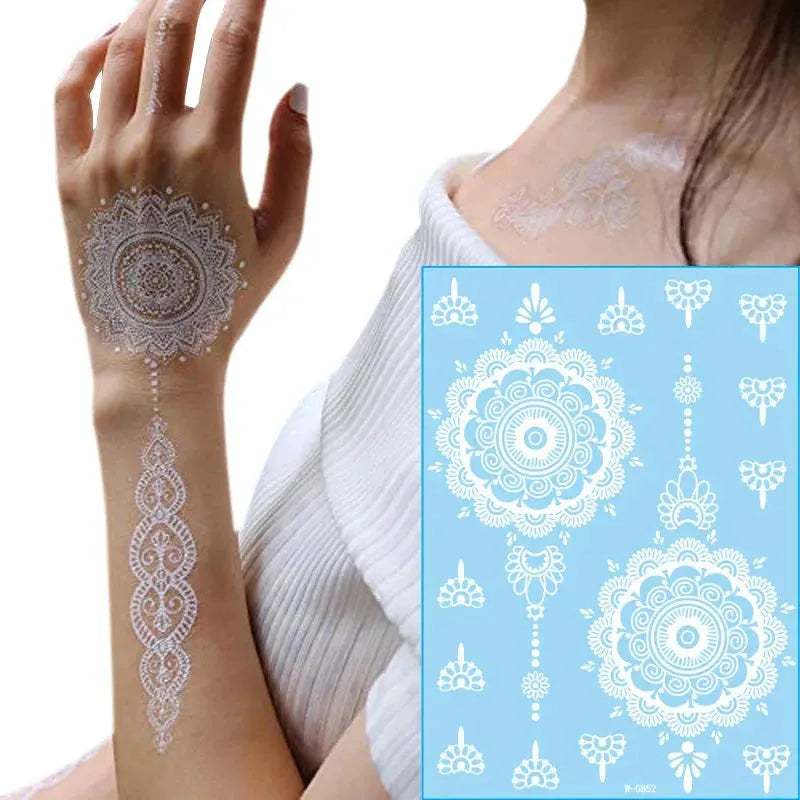 White Lace Jewelry Temporary Tattoo Sticker Waterproof Indian Henna Tattoo Body Art Tattoo Sticker Bride Wedding Lace Flower - KawaSocks