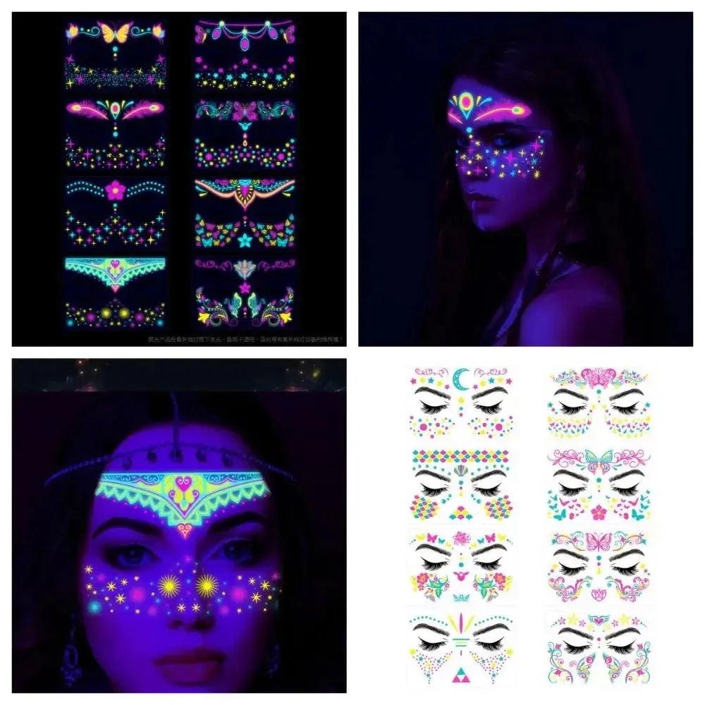 Fluorescent Face Stickers Glow in The Dark Waterproof Decorations Stickers Face Body Paint New Glowing Tattoos Music Festival - KawaSocks