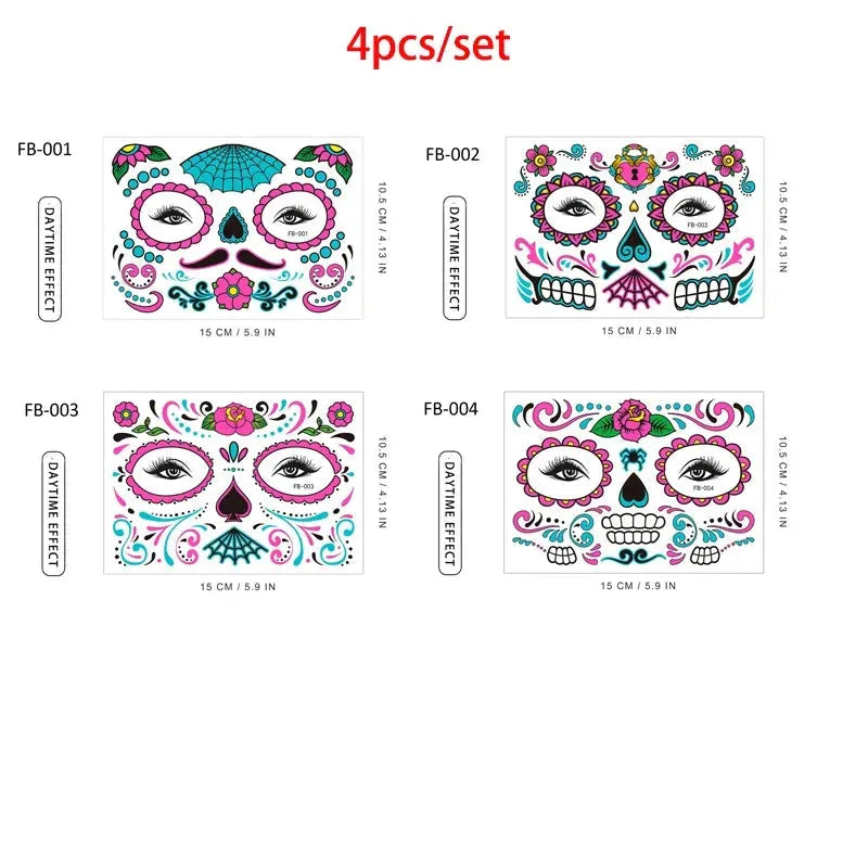 Day of the Dead Halloween Tattoo Fluorescent Waterproof Temporary Face Stickers Makeup Dress Up Decoration for Party Festival - KawaSocks