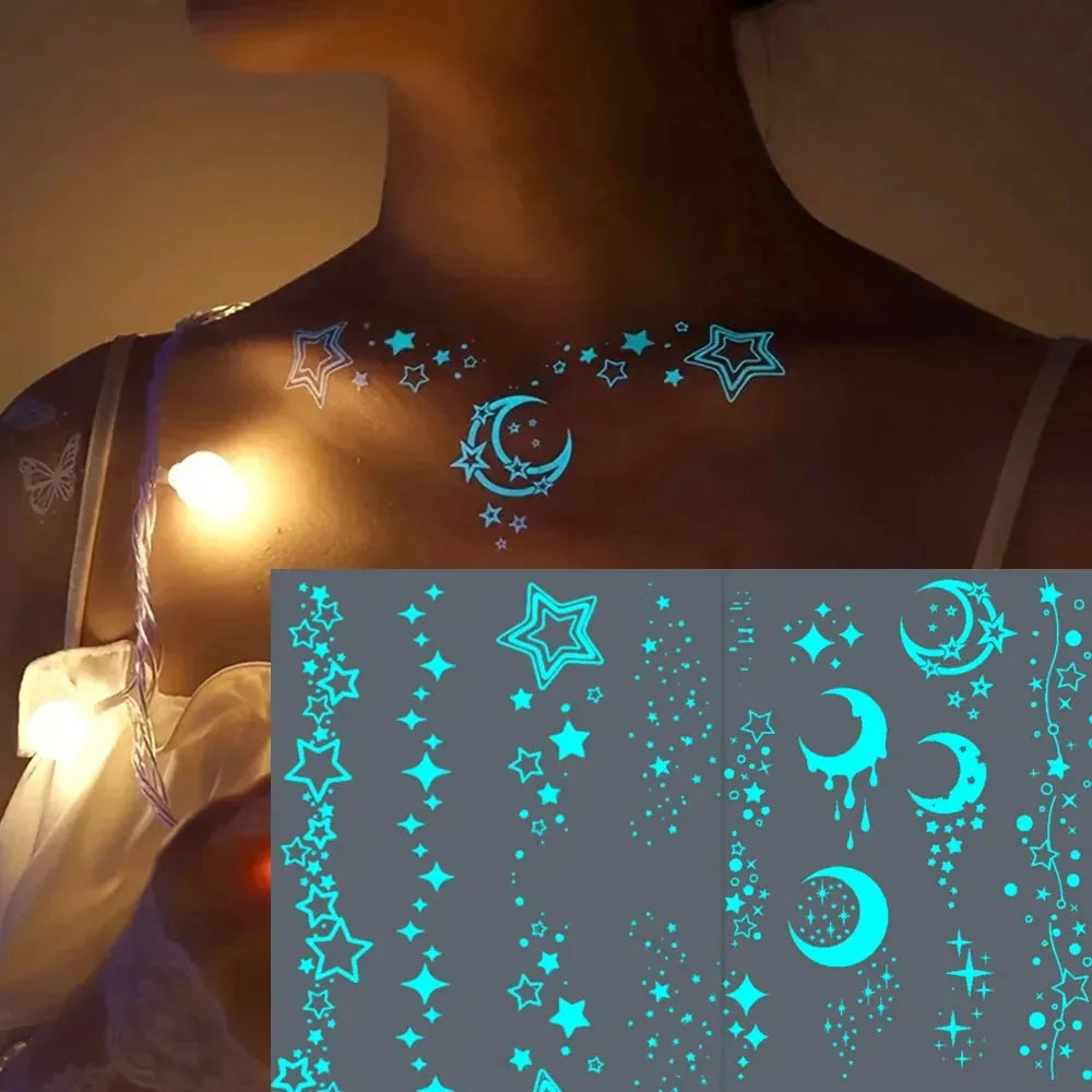 Blue Luminous Tattoo Sticker Waterproof Glow Flash Star Moon Butterfly Pattern Party Festival Disposable Tattoos Art Women Men - KawaSocks