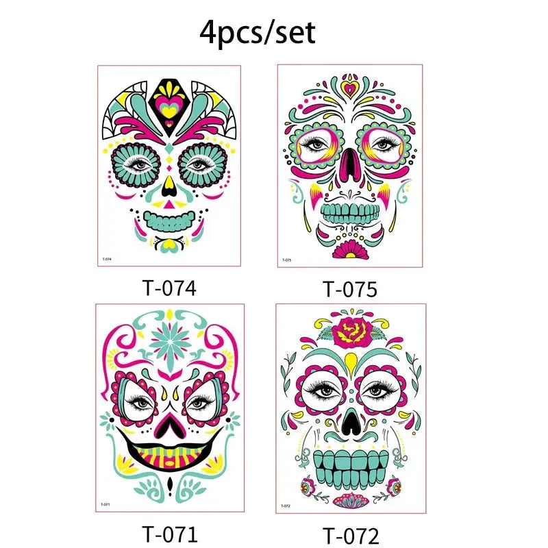 Day of the Dead Halloween Tattoo Fluorescent Waterproof Temporary Face Stickers Makeup Dress Up Decoration for Party Festival - KawaSocks