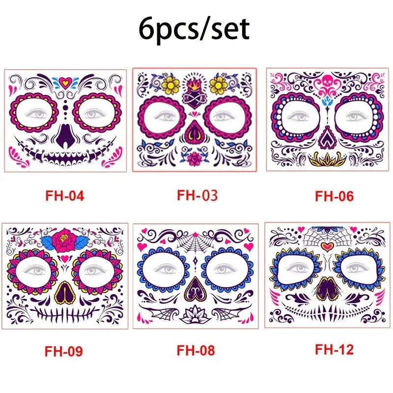 Day of the Dead Halloween Tattoo Fluorescent Waterproof Temporary Face Stickers Makeup Dress Up Decoration for Party Festival - KawaSocks