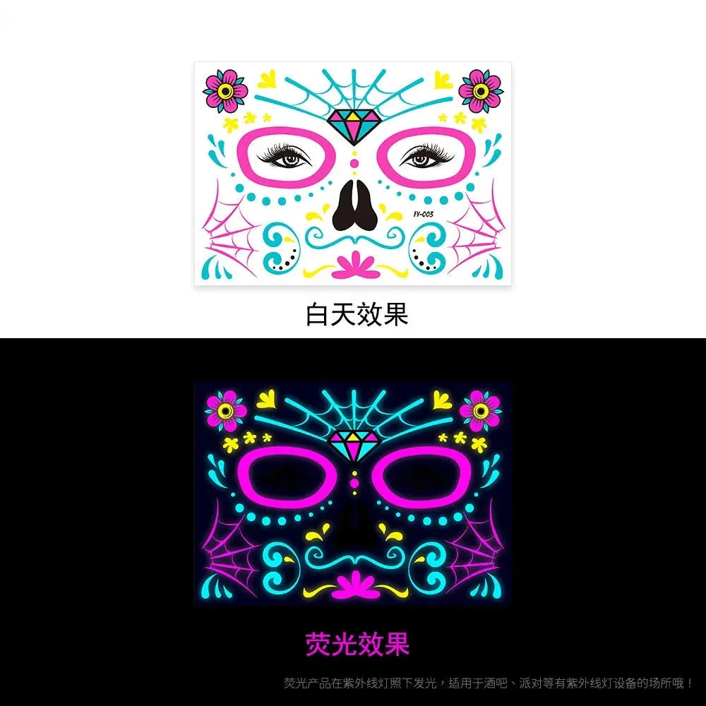 Waterproof Temporary Tattoo Sticker Halloween Fluorescent Flower Funny Face Flash Tatto Fake Tatoo for Women Men - KawaSocks