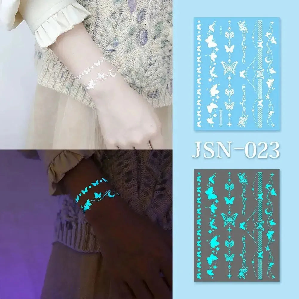 Blue Glow Henna Tattoo Sticker Lasting Waterproof Fake Lace Tattoos Sweatproof Glow in the Dark Luminous Temporary Tattoos - KawaSocks