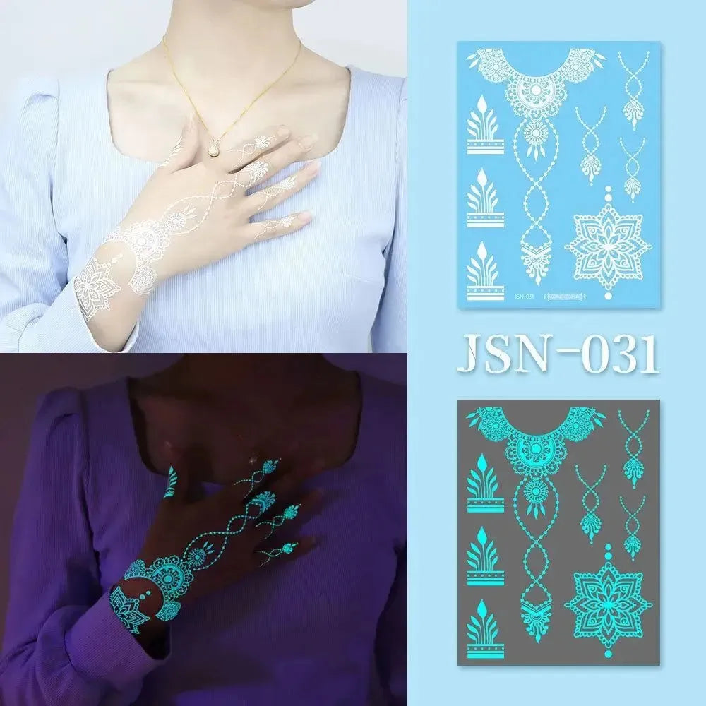 Blue Glow Henna Tattoo Sticker Lasting Waterproof Fake Lace Tattoos Sweatproof Glow in the Dark Luminous Temporary Tattoos - KawaSocks