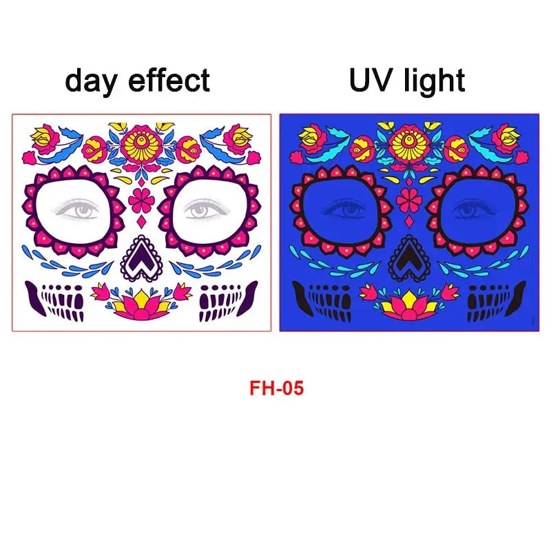 Day of the Dead Halloween Tattoo Fluorescent Waterproof Temporary Face Stickers Makeup Dress Up Decoration for Party Festival - KawaSocks