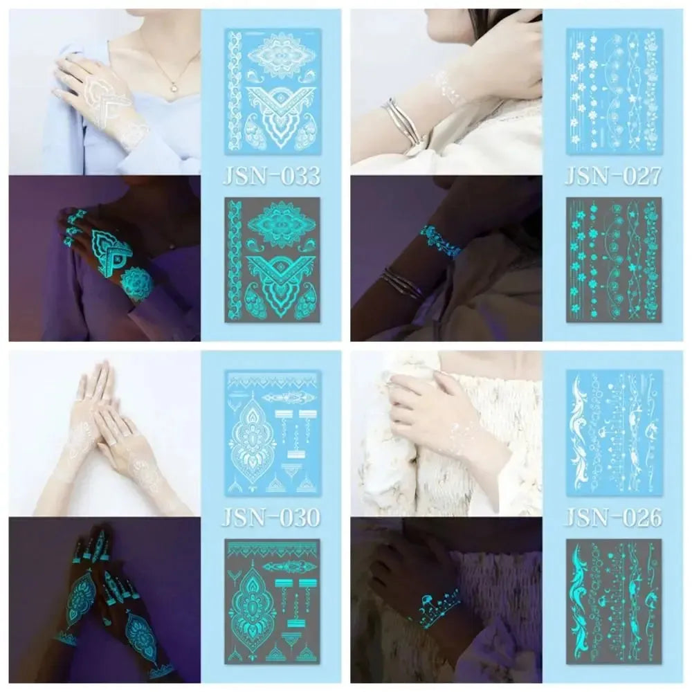 Blue Glow Henna Tattoo Sticker Lasting Waterproof Fake Lace Tattoos Sweatproof Glow in the Dark Luminous Temporary Tattoos - KawaSocks