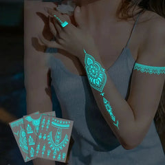 Blue Glow Henna Tattoo Sticker Lasting Waterproof Fake Lace Tattoos Sweatproof Glow in the Dark Luminous Temporary Tattoos - KawaSocks