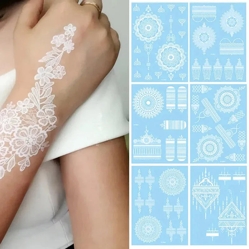 White Lace Jewelry Temporary Tattoo Sticker Waterproof Indian Henna Tattoo Body Art Tattoo Sticker Bride Wedding Lace Flower - KawaSocks